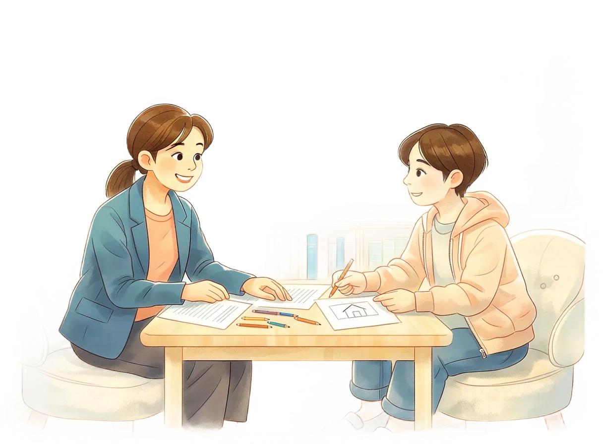 Illustration d’une professionnelle réalisant une activité d’évaluation du TSA avec un jeune.